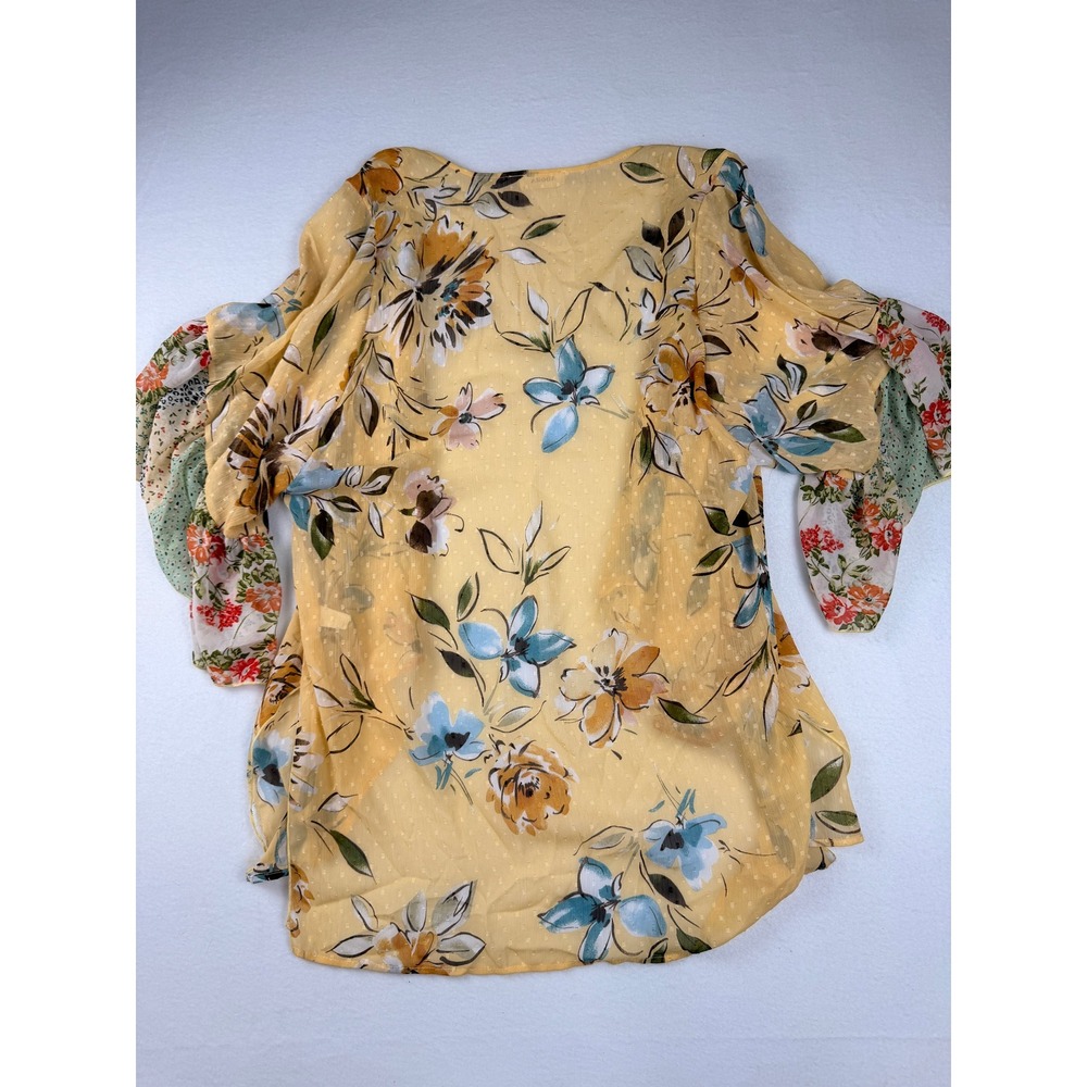 Adora Yellow Floral Clip Dot Kimono Wrap Top Mixed Print Ruffle Sleeve USA Made - Picture 5 of 5
